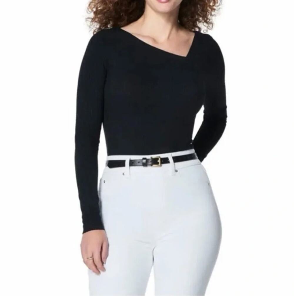 SPANX Long Sleeve Ribbed Asymmetrical Top Tee Black Sz L NWT {3L18}